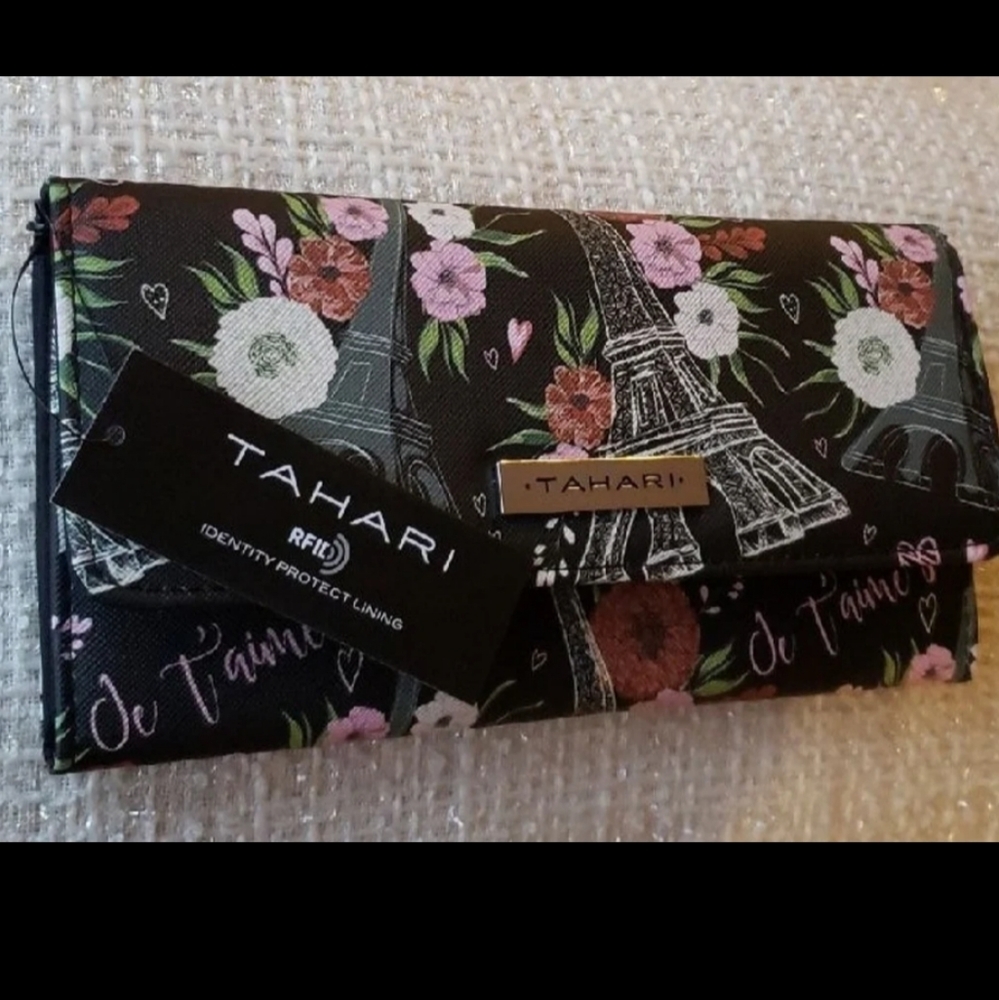Tahari Trifold RFID Black Multicolor Wallet Floral Paris Scene NWT - Picture 8 of 11